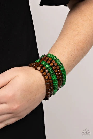 Fiji Fiesta - Green and Brown Wooden Stretchy Bracelet