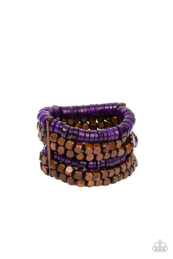 Fiji Fiesta - Purple and Brown Wood Stretchy Bracelet