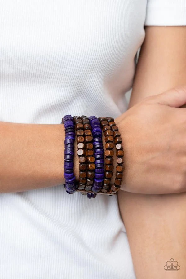 Fiji Fiesta - Purple and Brown Wood Stretchy Bracelet