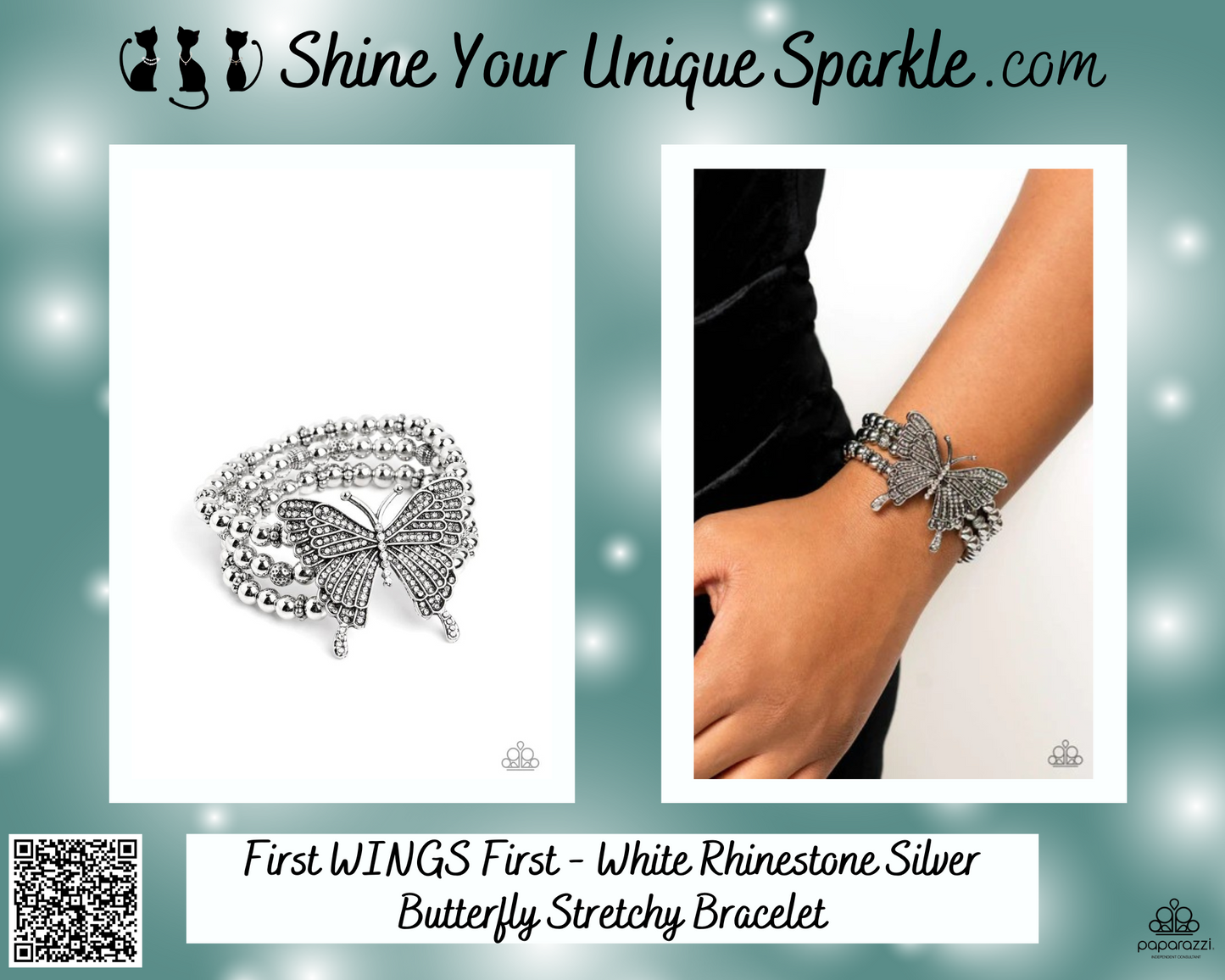 First WINGS First - White Rhinestone Silver Butterfly Stretchy Bracelet