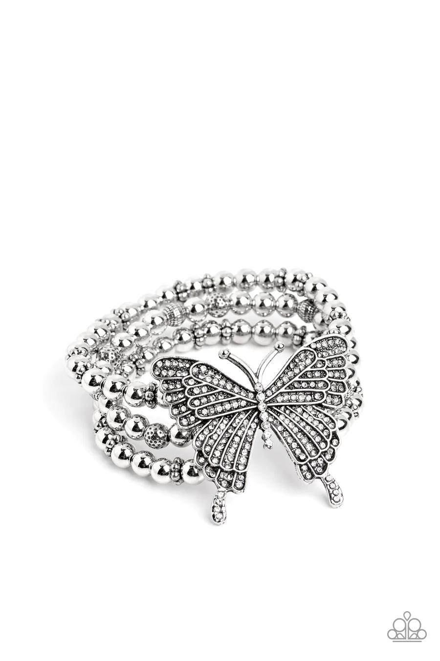 First WINGS First - White Rhinestone Silver Butterfly Stretchy Bracelet