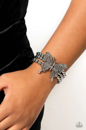 First WINGS First - White Rhinestone Silver Butterfly Stretchy Bracelet