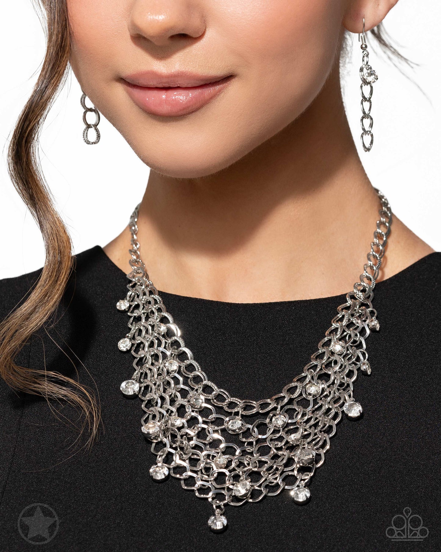 Fishing for Compliments - Silver Mesh Interlocking Chain Layered Short Necklace - Blockbuster