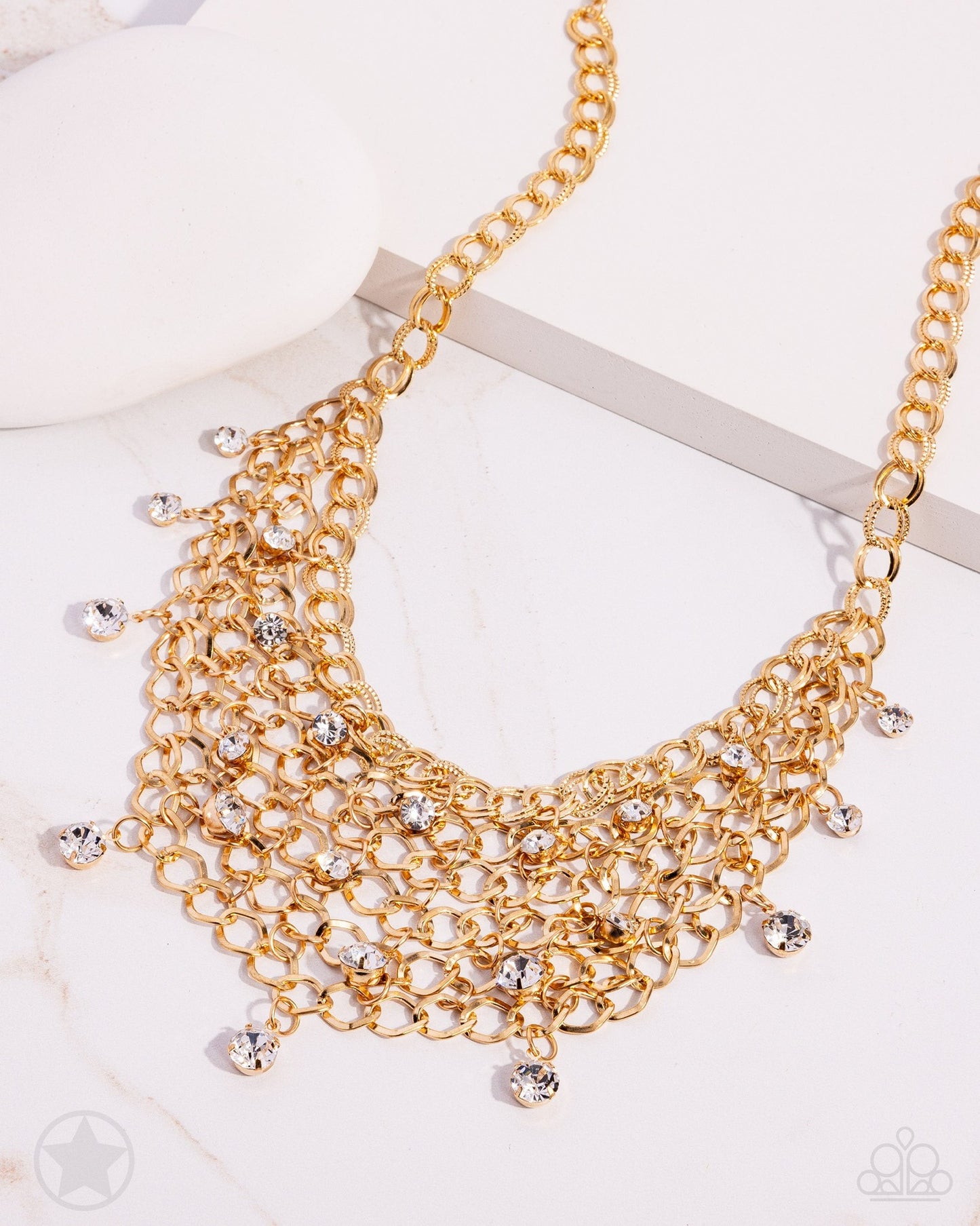 Fishing for Compliments - Gold Mesh Interlocking Chain Layered Short Necklace - Blockbuster