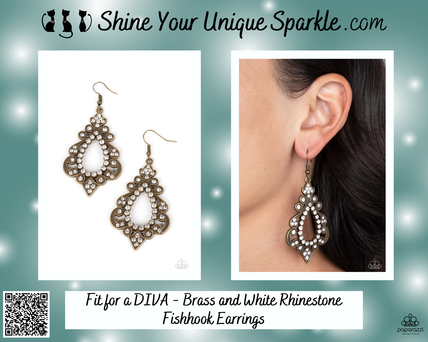 Fit for a DIVA - Brass and White Rhinestone Fishhook Earrings