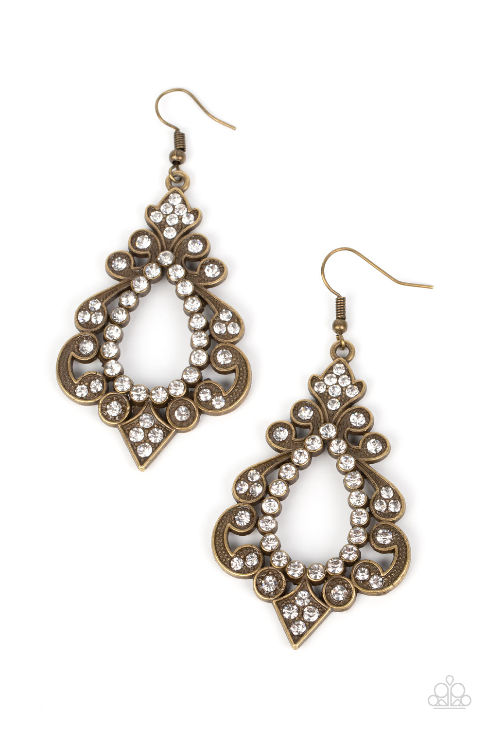 Fit for a DIVA - Brass and White Rhinestone Fishhook Earrings