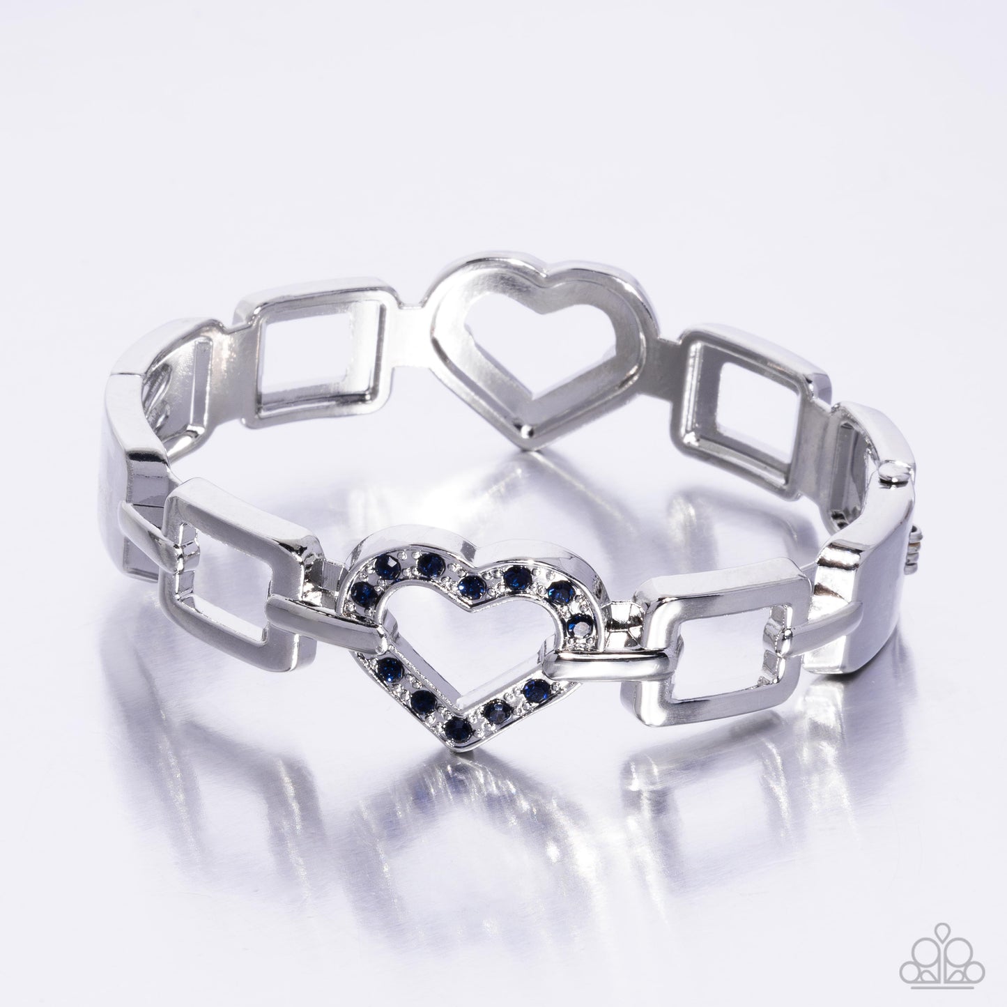 Flashy Fondness - Blue Rhinestone Heart Silver Hinge Bracelet