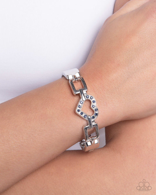 Flashy Fondness - Blue Rhinestone Heart Silver Hinge Bracelet