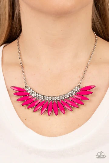 Flauntable Flamboyance - Pink Bead White Rhinestone Crescent Silver Short Necklace