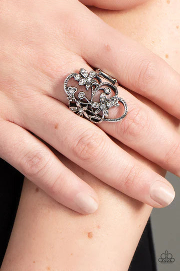 Flirtatiously Flowering - White Rhinestone Silver Floral Ring