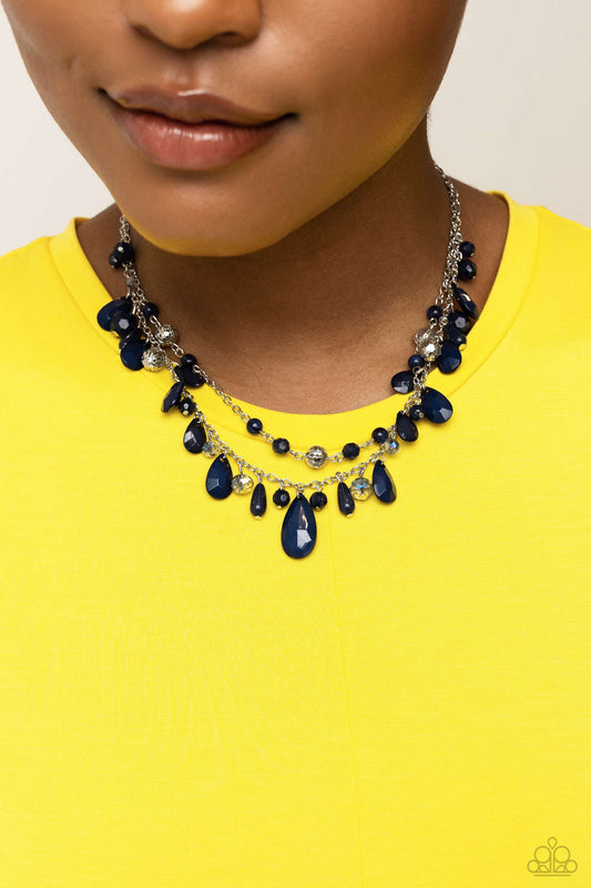 Flirty Flood - Blue Crystal Bead Layerd Silver Short Necklace