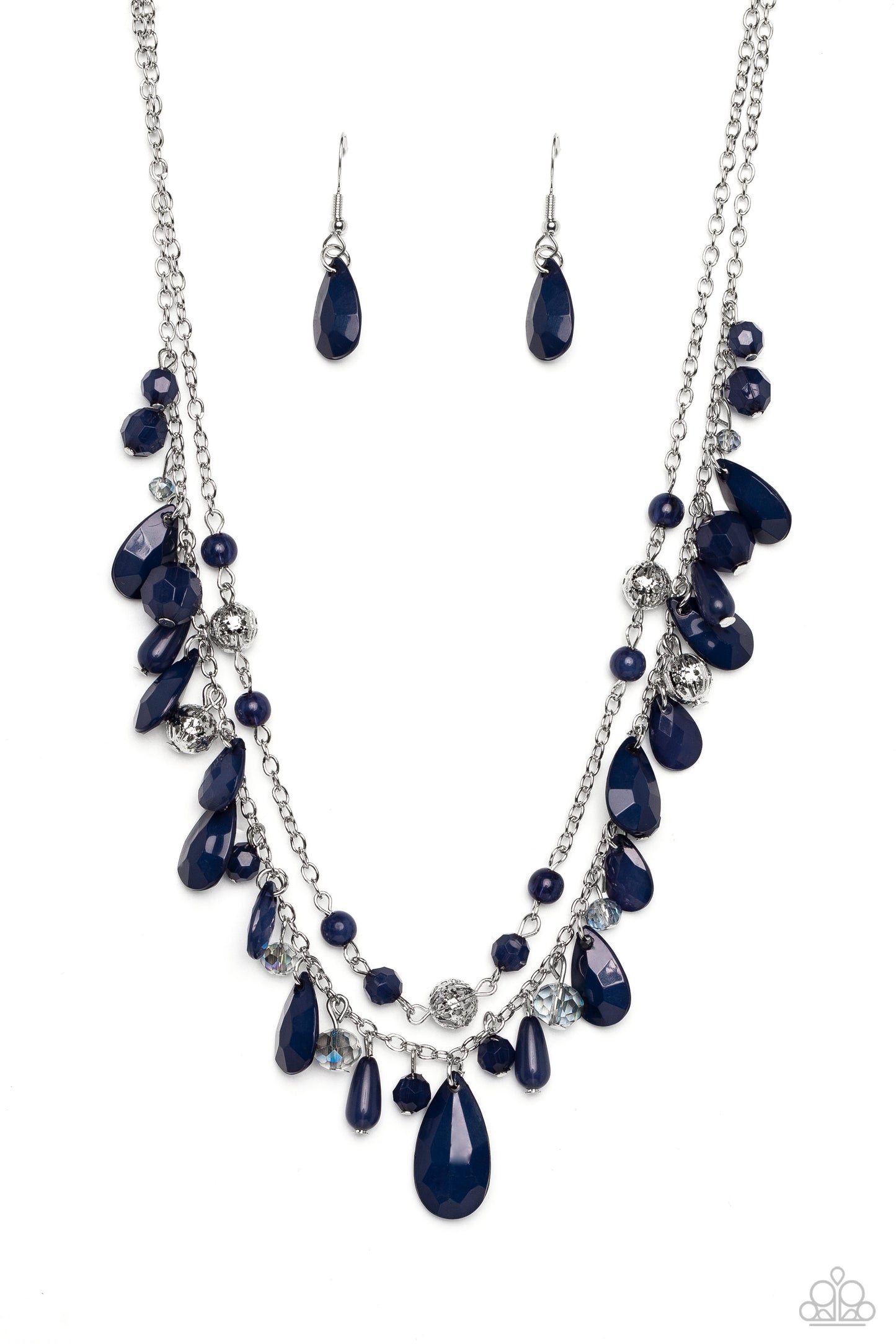 PERFECT MATCH / SET: Flirty Flood - Blue Crystal Bead Layered Silver Short Necklace AND Cheeky Cascade - Blue Crystal Bead Silver Earrings