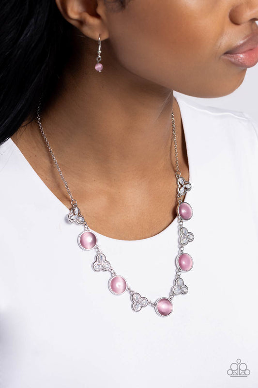 Floral Crowned - Pink Cat's Eye Silver Short Necklace
