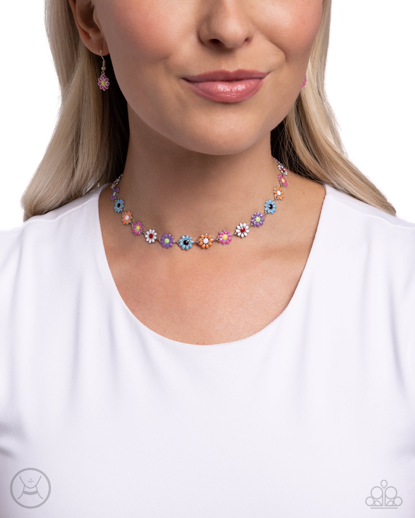 Floral Falsetto - Multi Color Flower Silver Choker Necklace