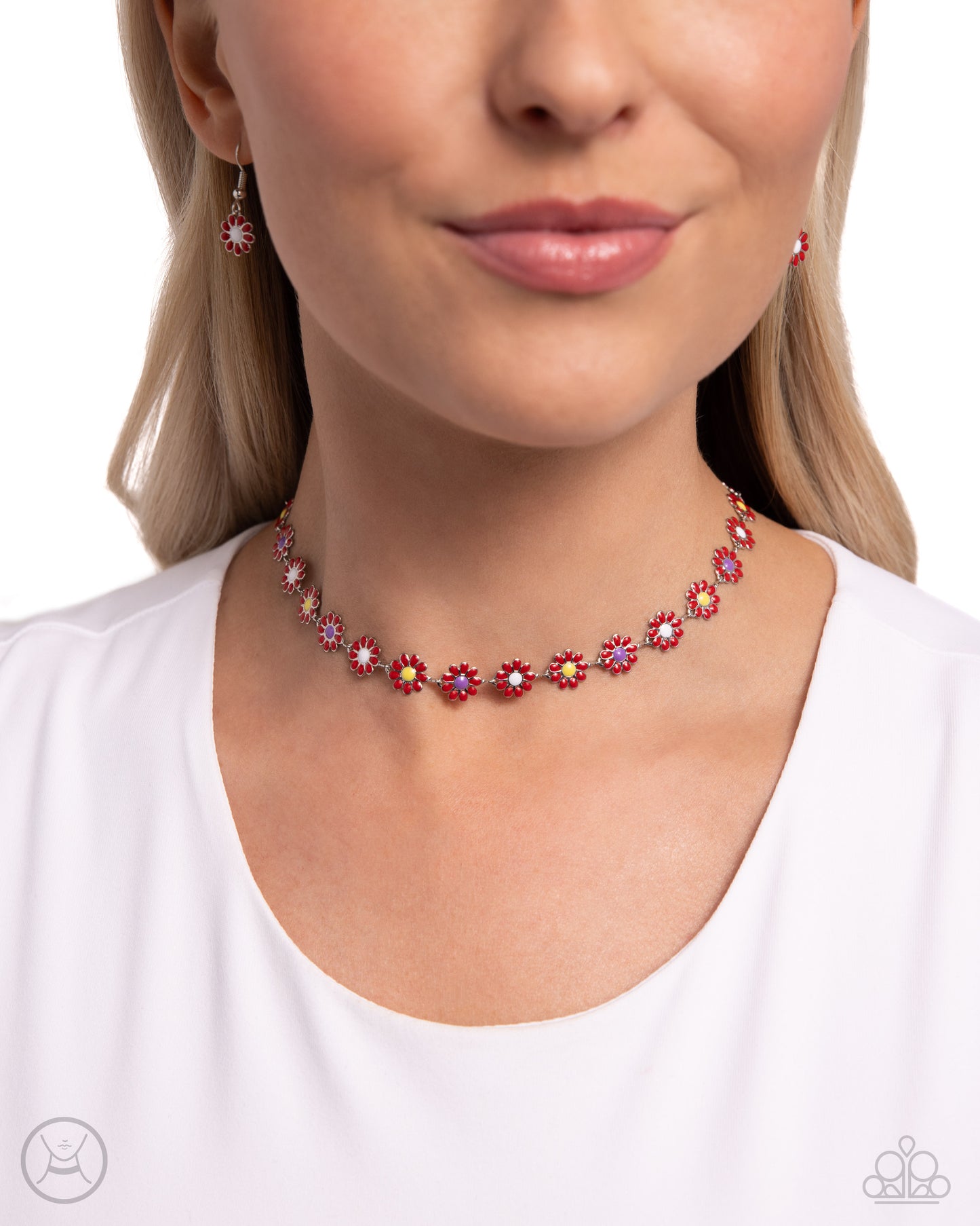 Floral Falsetto - Red Flower Silver Choker Necklace