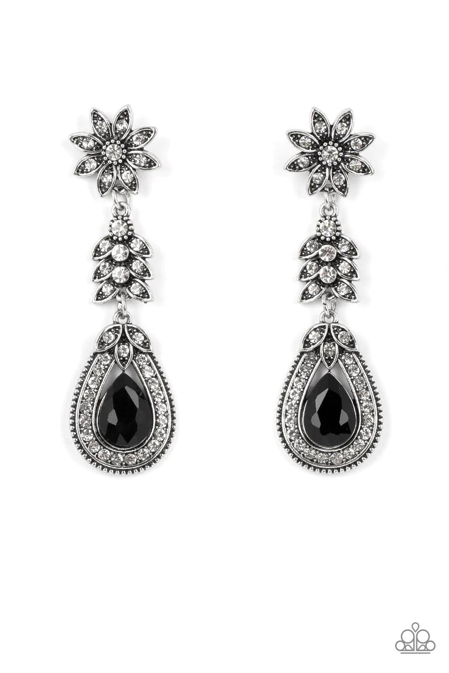 Floral Fantasy - Black Rhinestone Silver Post Earrings