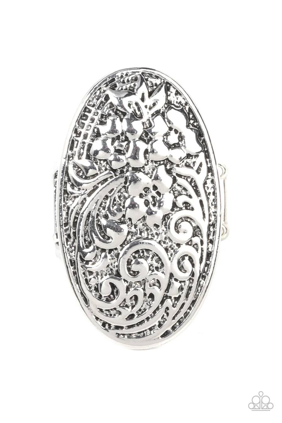 Floral Fortress - Silver Flower Oval Ring