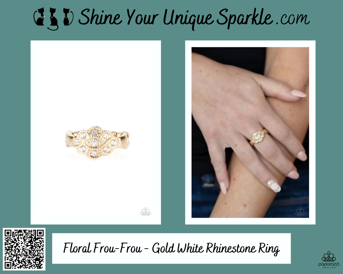 Floral Frou-Frou - Gold White Rhinestone Ring
