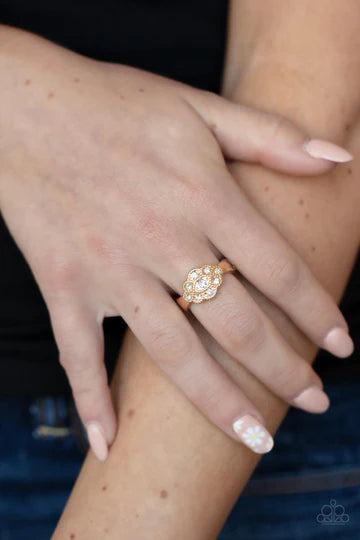 Floral Frou-Frou - Gold White Rhinestone Ring