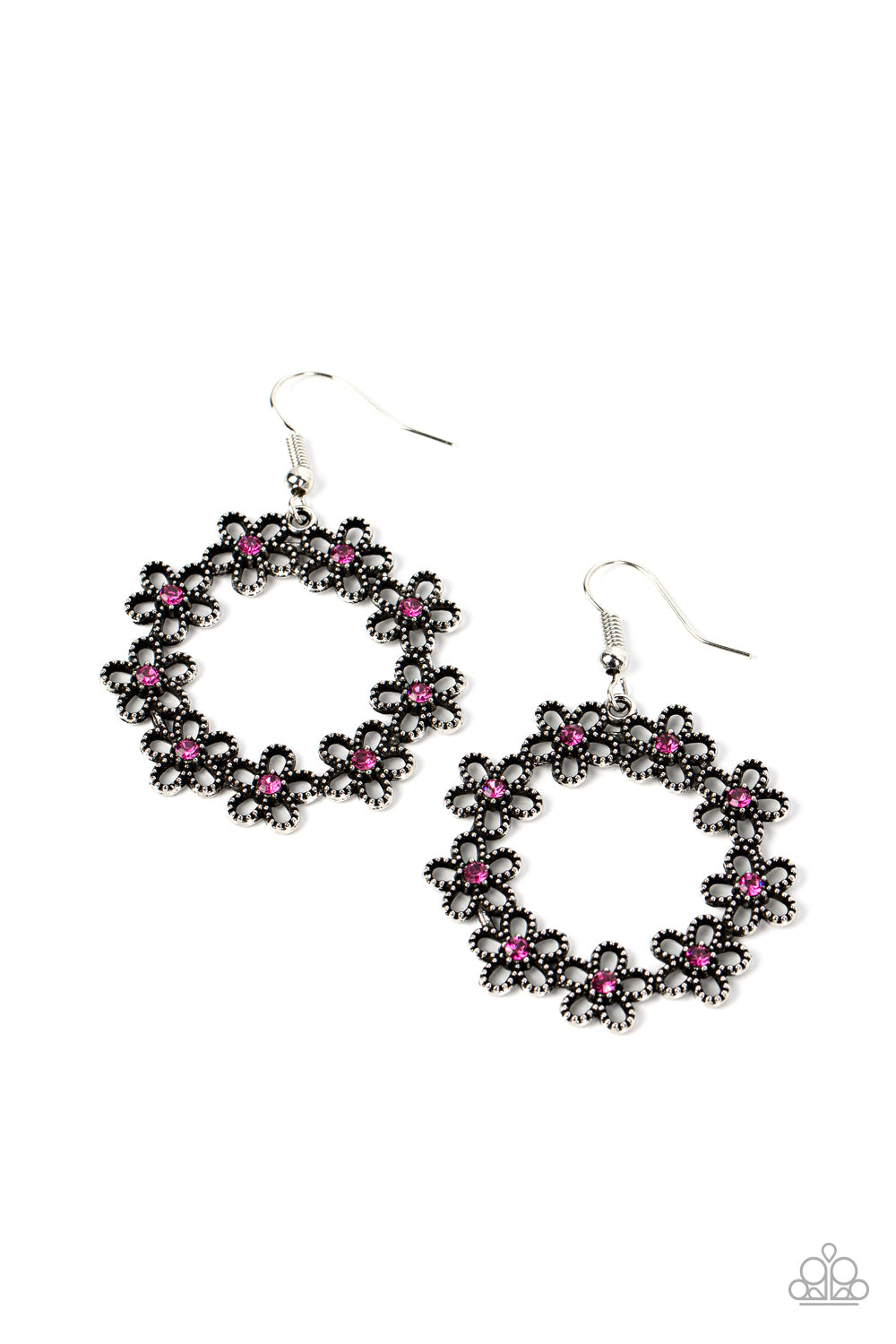 Floral Halos - Pink Rhinestone Silver Flower Fishhook Earrings