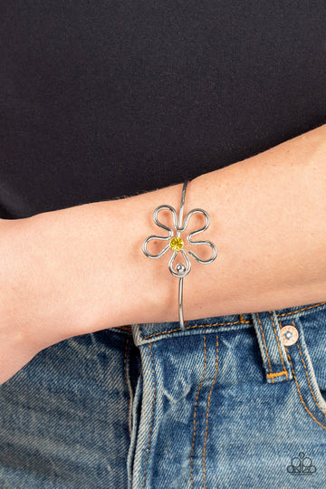 Floral Innovation - Yellow Rhinestone Silver Flower Hook Bangle Bracelet