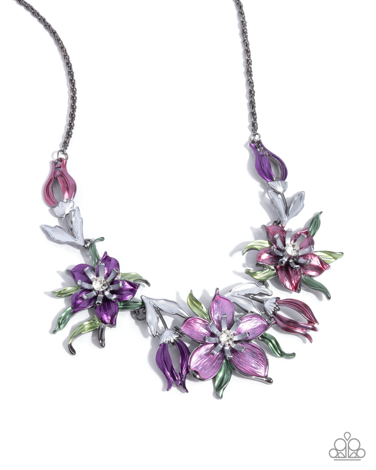 Floral Protocol - Multi Pink Purple Green Flower Short Necklace - Life of the Party