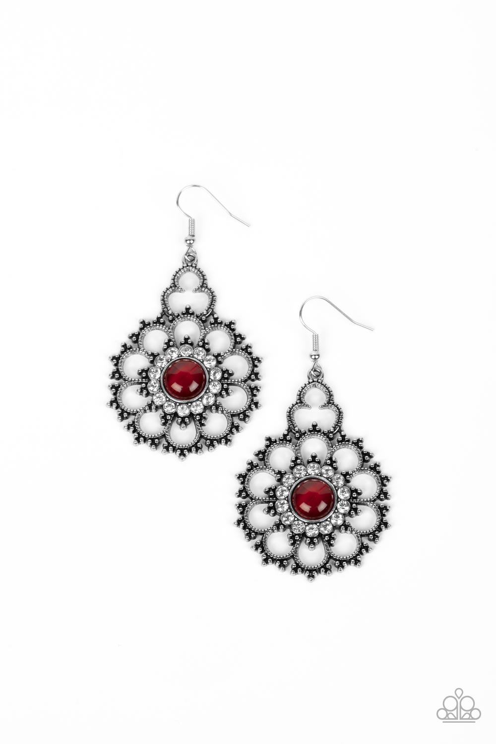 Floral Renaissance - Red Rhinestone Silver Flower Fishhook Earrings