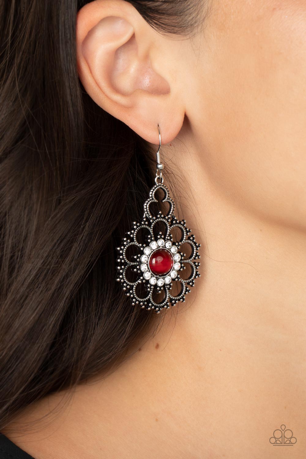 Floral Renaissance - Red Rhinestone Silver Flower Fishhook Earrings