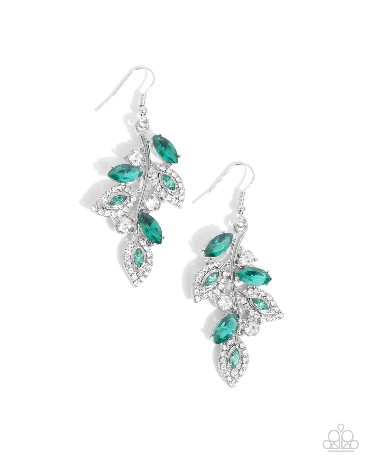 Flourishing Feature - Green White Rhinestone Silver Fishhook Earrings