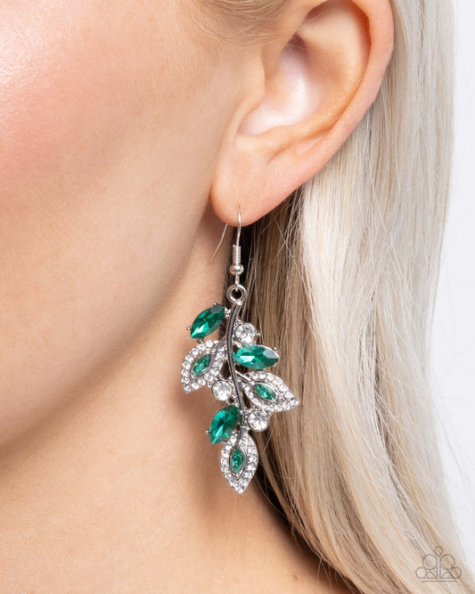 Flourishing Feature - Green White Rhinestone Silver Fishhook Earrings