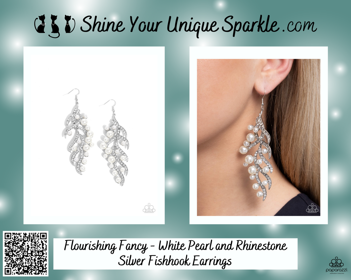 Flourishing Fancy - White Pearl and Rhinestone Silver Fishhook Earrings