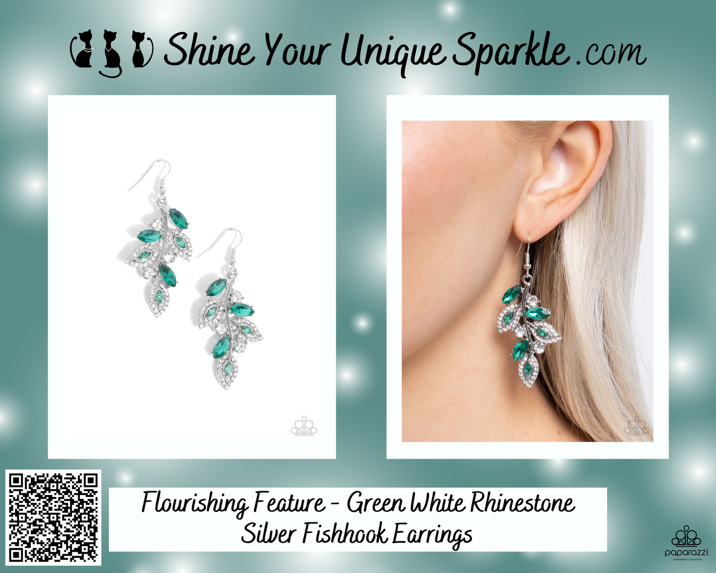 Flourishing Feature - Green White Rhinestone Silver Fishhook Earrings