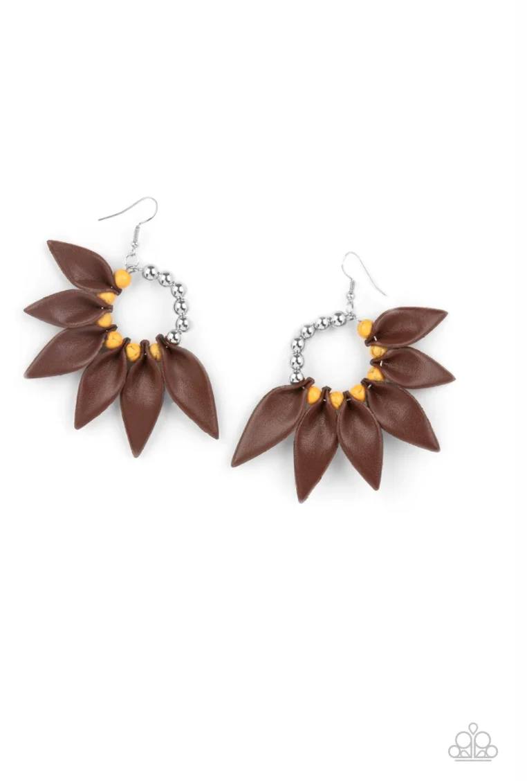 Flower Child Fever - Orange and Brown Leather Petal Silver Bead Fishhook Earrings