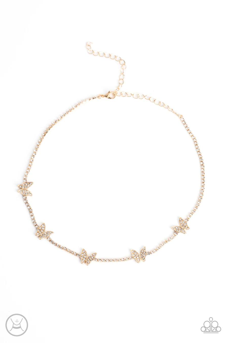 Fluttering Fanatic - Gold Buttefly White Rhinestone Choker Necklace