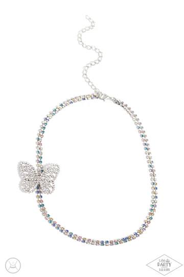 Flying Fantasy - Multi Color Iridescent Rhinestone Silver Butterfly Choker Necklace - Life of the Party Black Diamond Exclusive