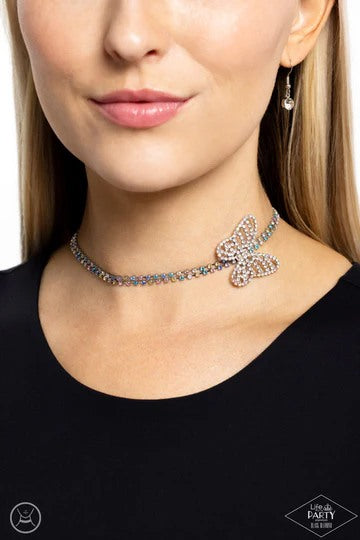 Flying Fantasy - Multi Color Iridescent Rhinestone Silver Butterfly Choker Necklace - Life of the Party Black Diamond Exclusive