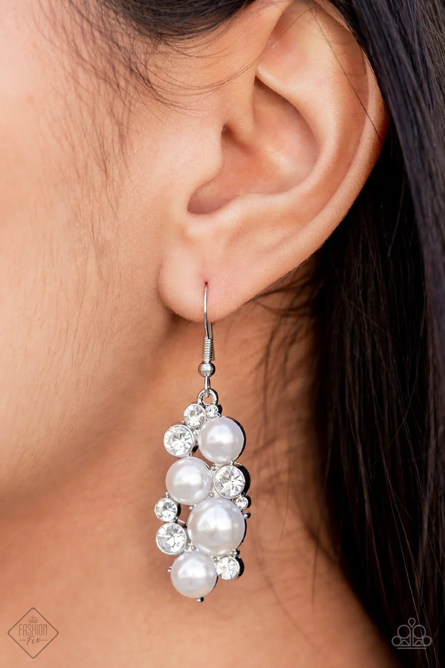 Fond of Baubles - White Pearl and Rhinestone Silver Fishhook Earrings, Fashion Fix