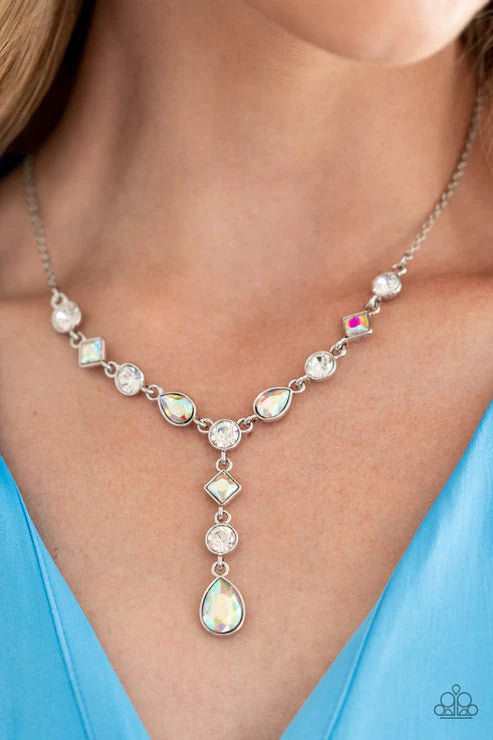 Forget the Crown - Multi Iridescent and White Gem Silver Y Short Necklace