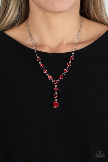 Forget the Crown - Red Rhinestone Silver Y Short Necklace