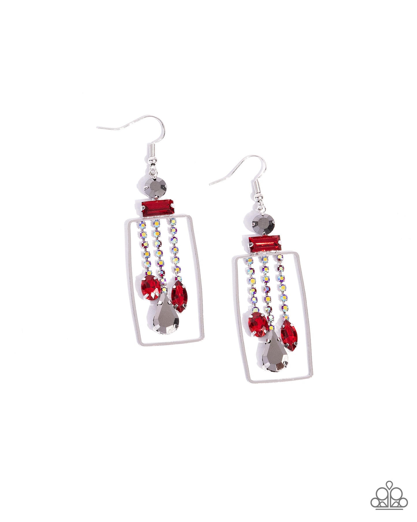 Framed Feature - Red Smoky Iridescent Rhinestone Silver Rectangle Fishhook Earrings