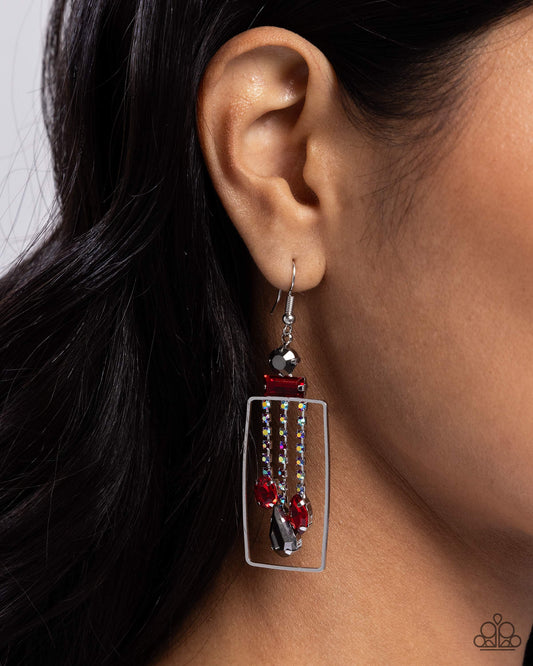 Framed Feature - Red Smoky Iridescent Rhinestone Silver Rectangle Fishhook Earrings