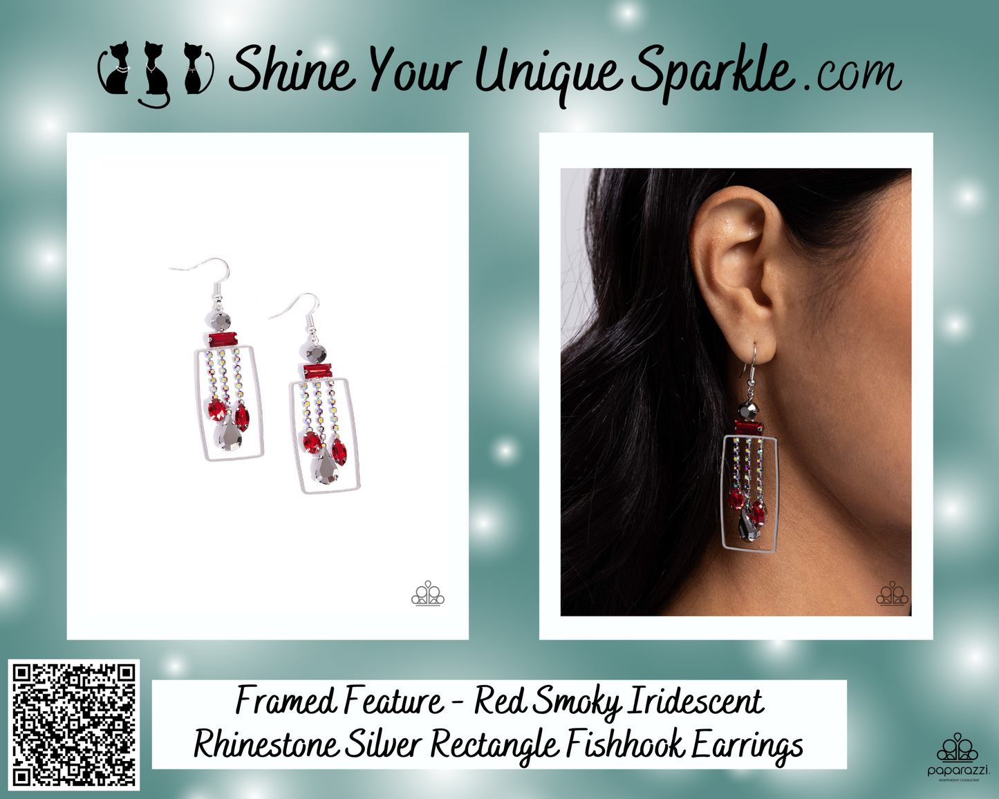 Framed Feature - Red Smoky Iridescent Rhinestone Silver Rectangle Fishhook Earrings