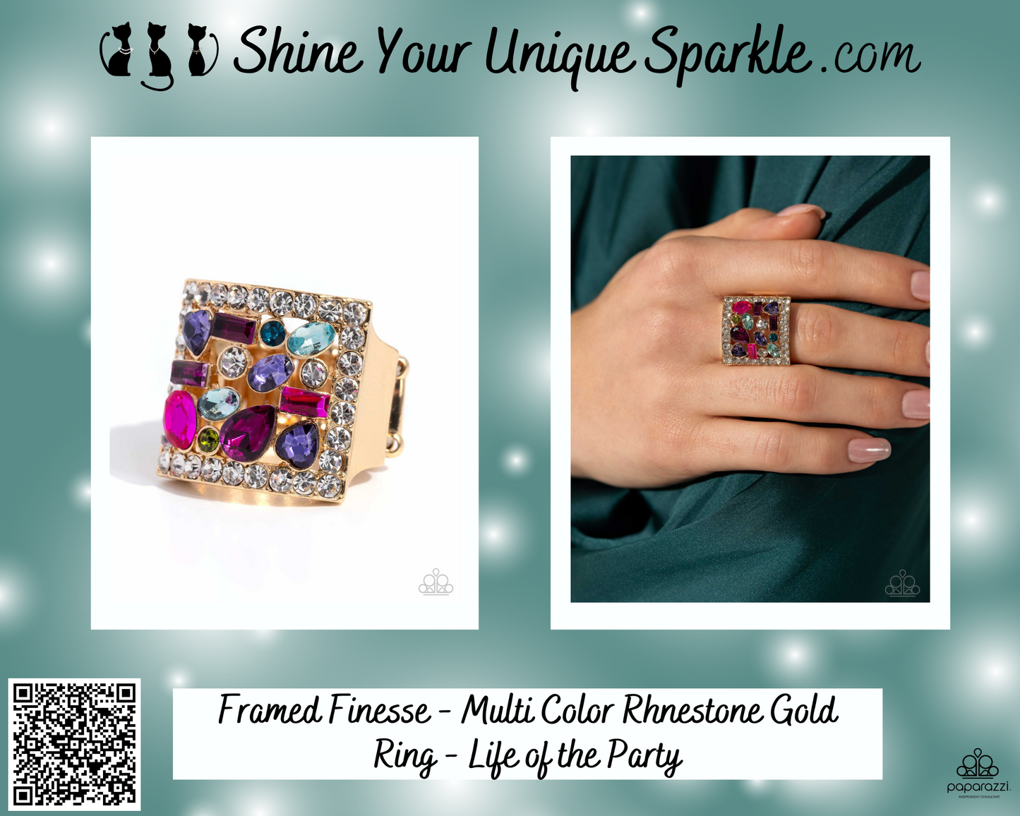 Framed Finesse - Multi Color Rhnestone Gold Ring - Life of the Party