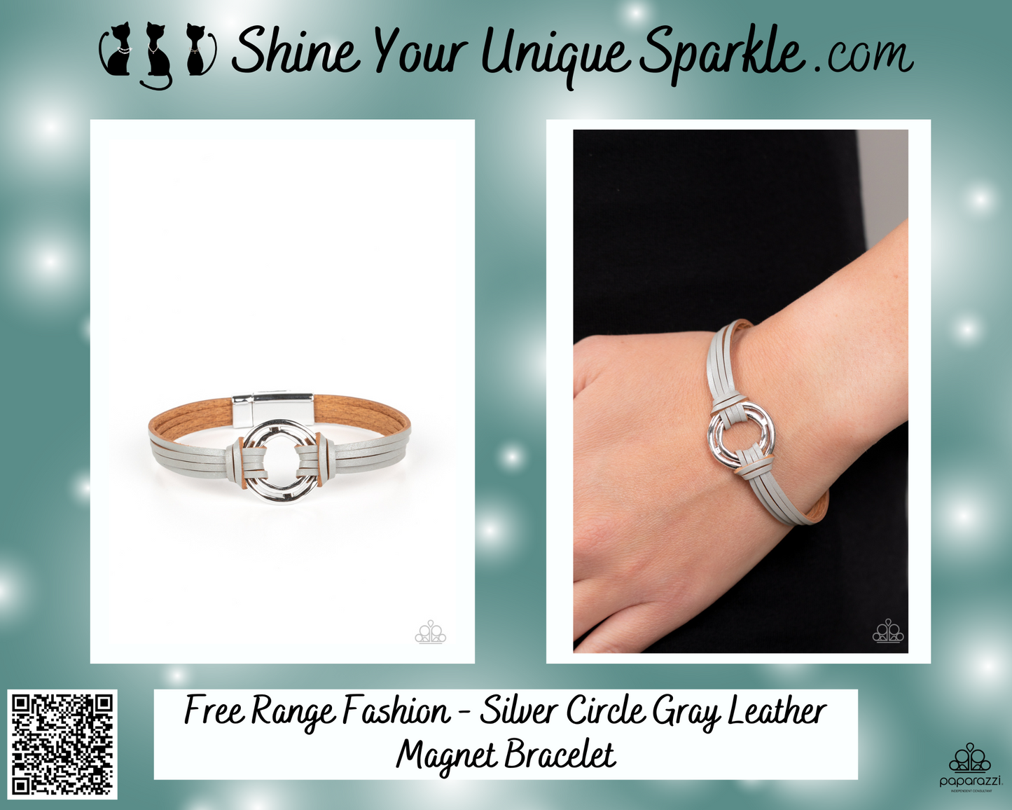 Free Range Fashion - Silver Circle Gray Leather Magnet Bracelet