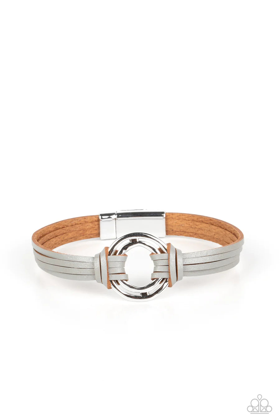 Free Range Fashion - Silver Circle Gray Leather Magnet Bracelet