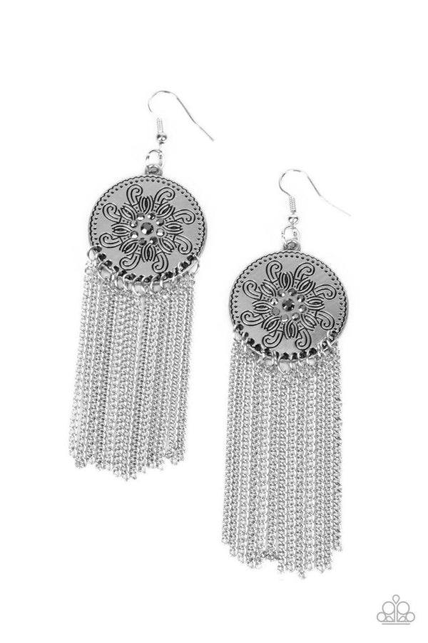 Fringe Control - Silver Hematite Rhinestone Silver Fringe Fishhook Earrings