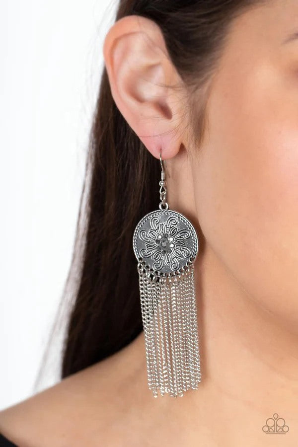 Fringe Control - Silver Hematite Rhinestone Silver Fringe Fishhook Earrings