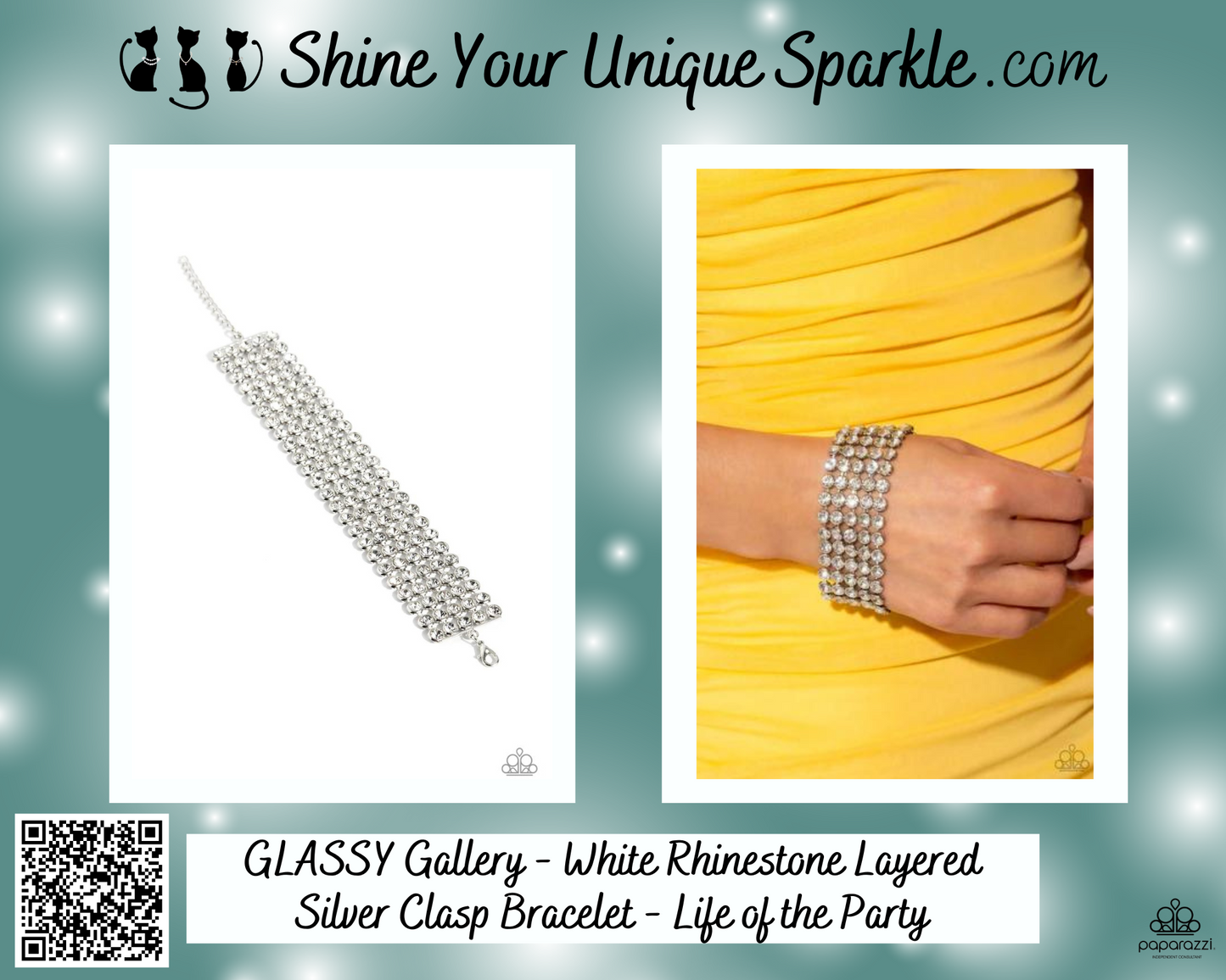 GLASSY Gallery - White Rhinestone Layered Silver Clasp Bracelet - Life of the Party