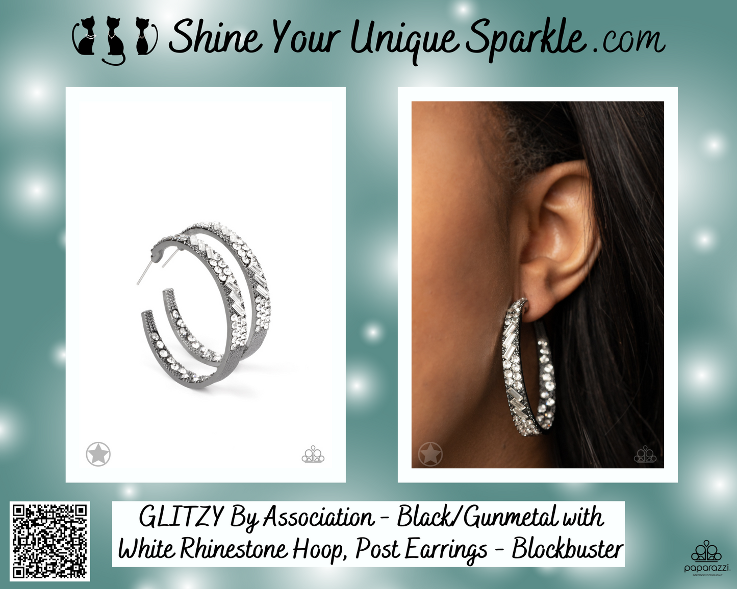 GLITZY By Association - Black/Gunmetal with White Rhinestone Hoop, Post Earrings - Blockbuster