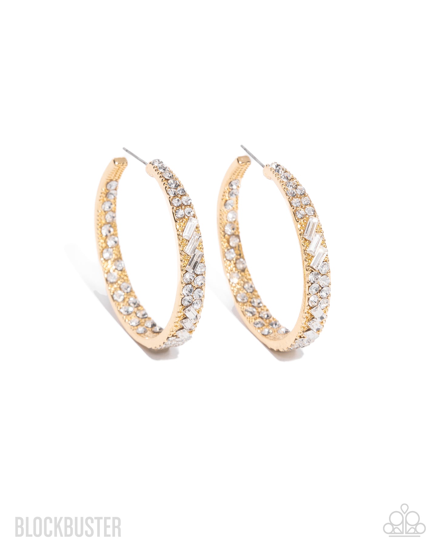 GLITZY By Association - Gold with White Rhinestones Hoop, Post Earrings - Blockbuster